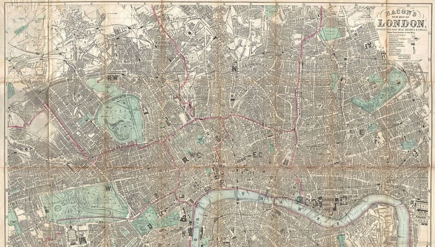 1890 bacon travelers pocket map of london