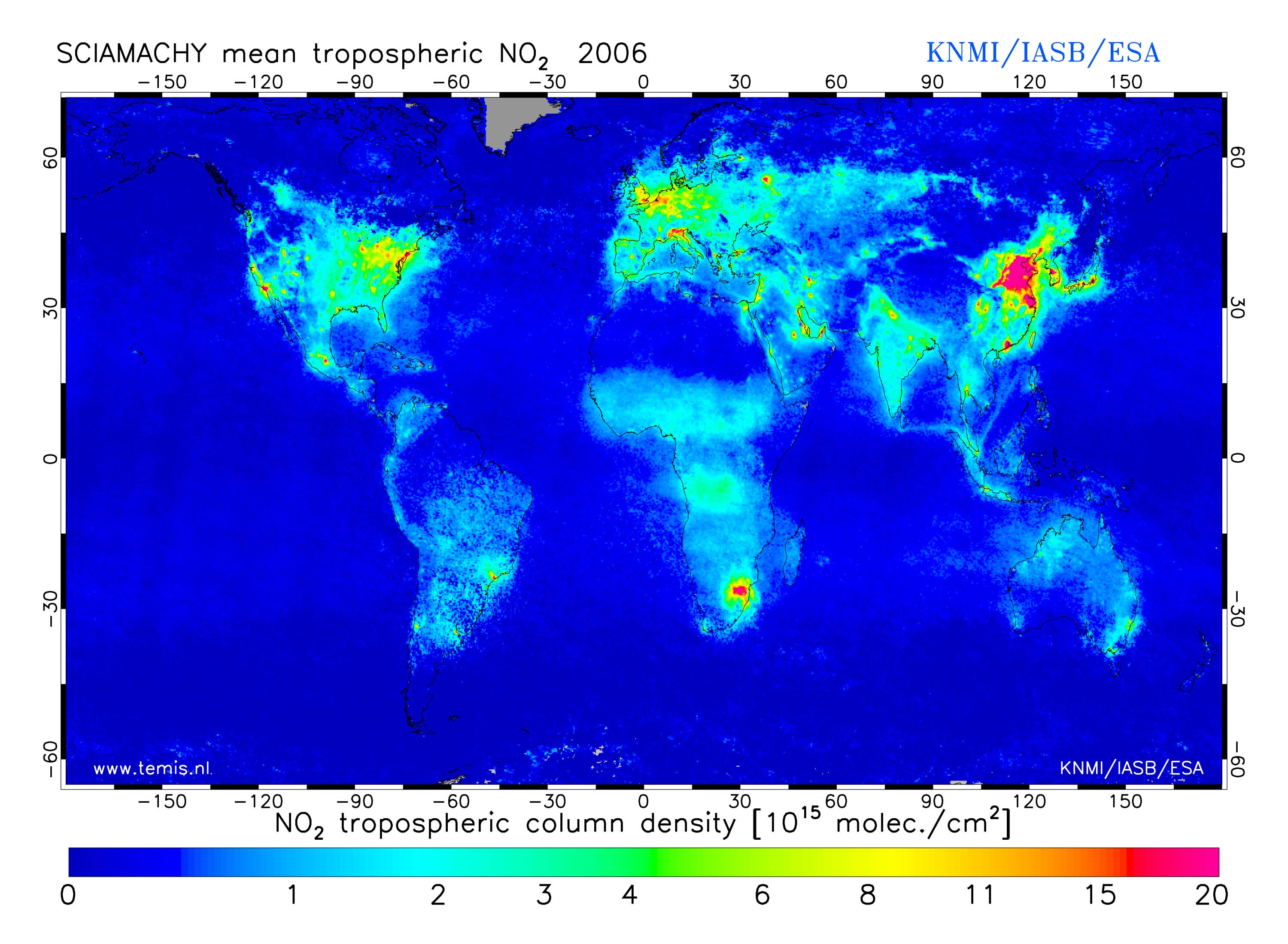 NO2 pollution map as measured by Envisat