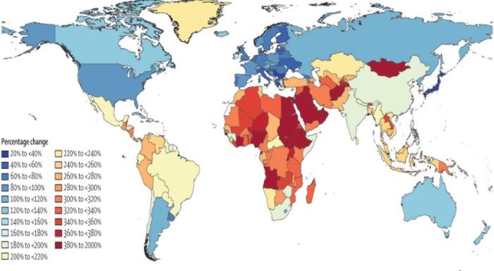 Percentage change between 2019 and 2050 in all age number of individuals with dementia by country