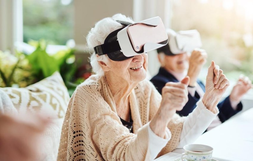 senior with virtual reality headset