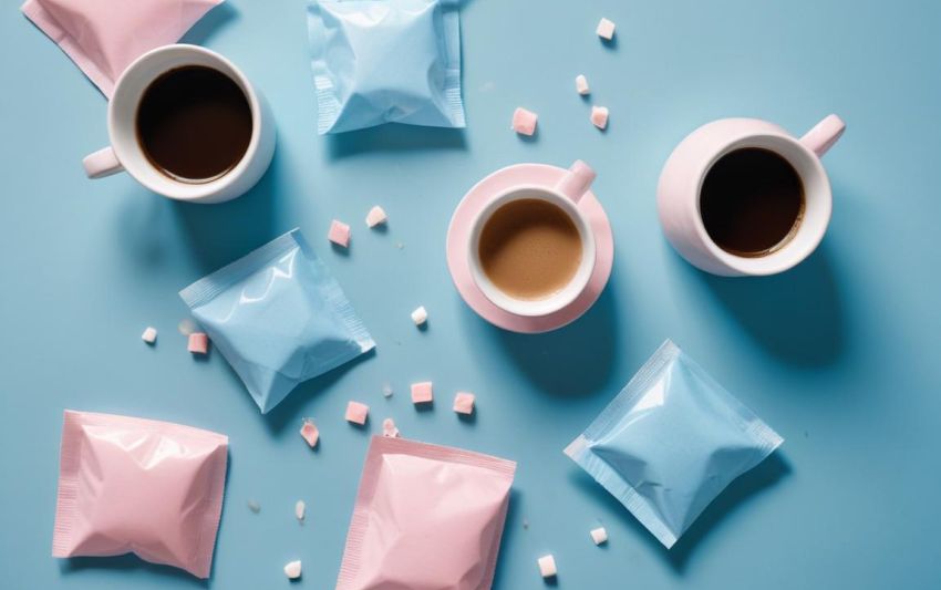 sweeteners bags and coffee cups 