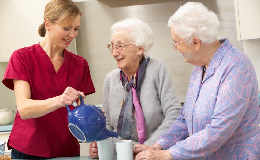 two ladies having tea with social carer